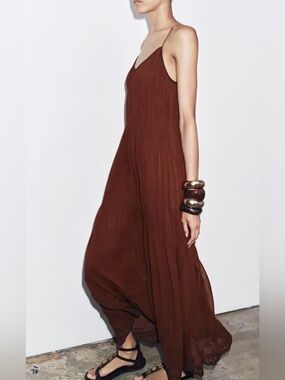 NWT ZARA Women’s Rust Brown Maxi Sundress with Spaghetti Straps
